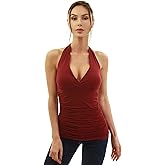 AmélieBoutik Women Halter V Neck Crossover Empire Waist Ruched Sides Sleeveless Blouse Top