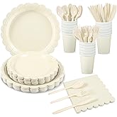 Xiangqu 175 Pcs Ivory Paper Plates and Napkins, Beige Party Supplies Include Scalloped Cream Plates Napkin Cup Plastic Cutlery for Wedding, Bridal&Baby Shower, Birthday
