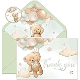 Whaline 24 Pack Bear Thank You Card Green Bear Balloon Greeting Card with Envelope Sticker Cute Blank Note Cards for Baby Shower Birthday Party Invitation Supplies, 4 x 6 Inch