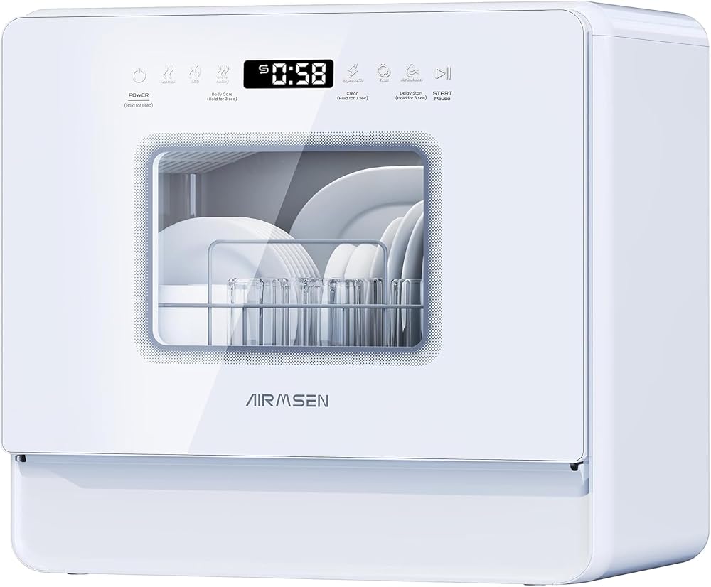 AIRMSEN Large Slim Countertop Dishwasher | Built-in Water Tank | No Hookup Needed, Heated Drying & 72H Air Refresh, 12H Delay
