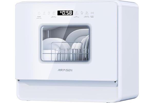 AIRMSEN Large Slim Countertop Dishwasher | Built-in Water Tank | No Hookup Needed, Heated Drying & 72H Air Refresh, 12H Delay Start, Built-in Water Softener, 3 Spray Arms & 2-Level Rack
