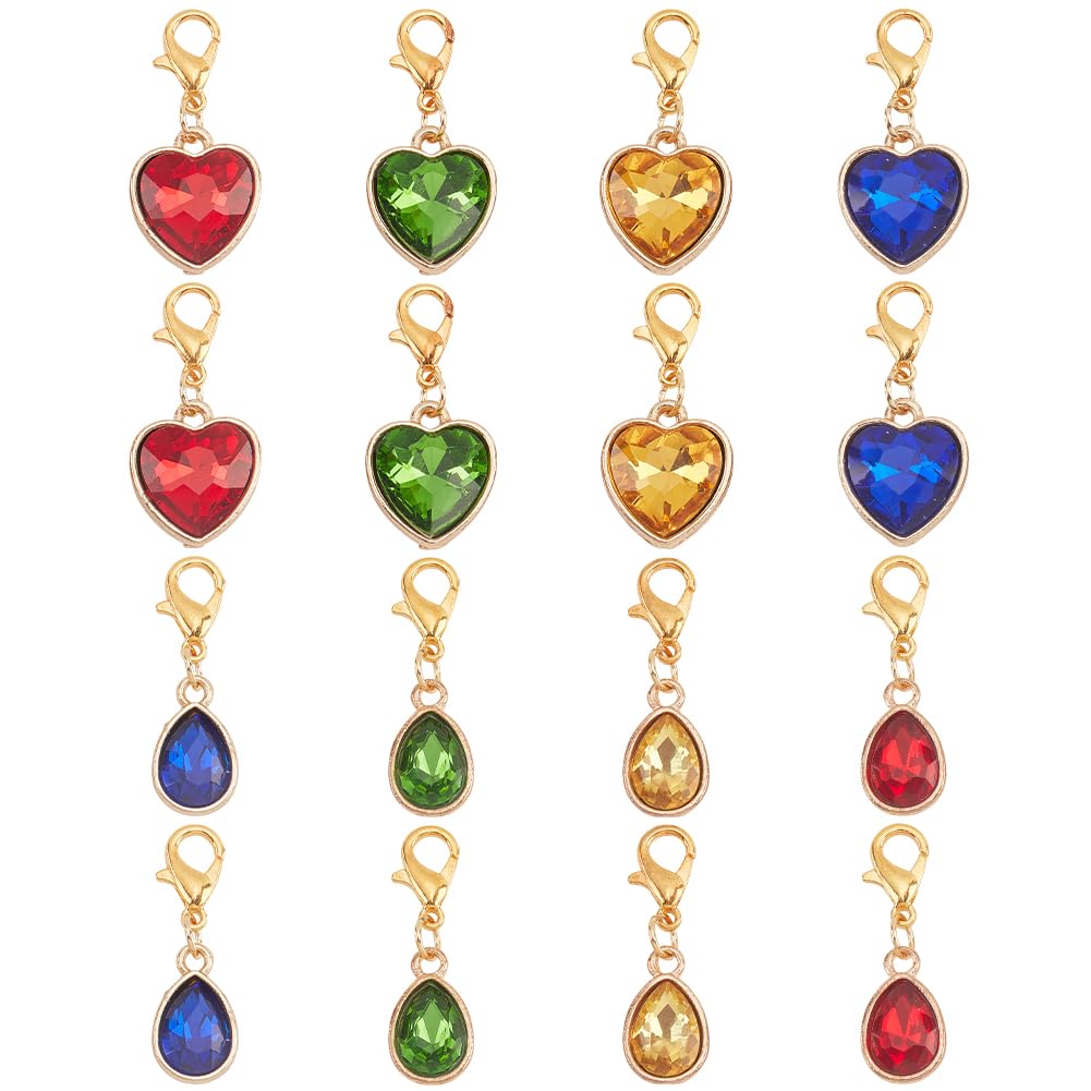 PH PandaHall 16pcs Heart Pendants Charms, Glass Teardrop Pendants Stitch Markers Clip-on Charms with Lobster Clasps Locking Knitting Markers for Weaving Sewing Valentine's Day Jewellery Making