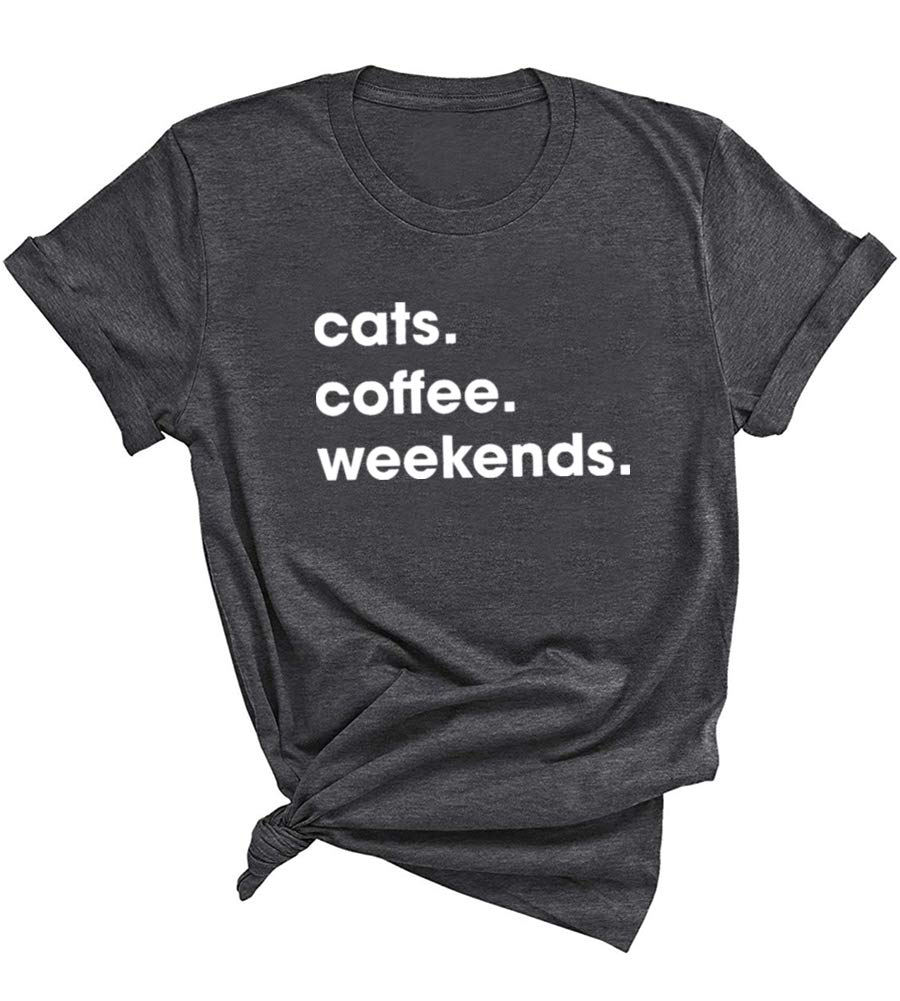Cat Coffee Weekends Short Sleeve Letter Print Summer Casual Novelty Graphic Tees Tops T Shirt