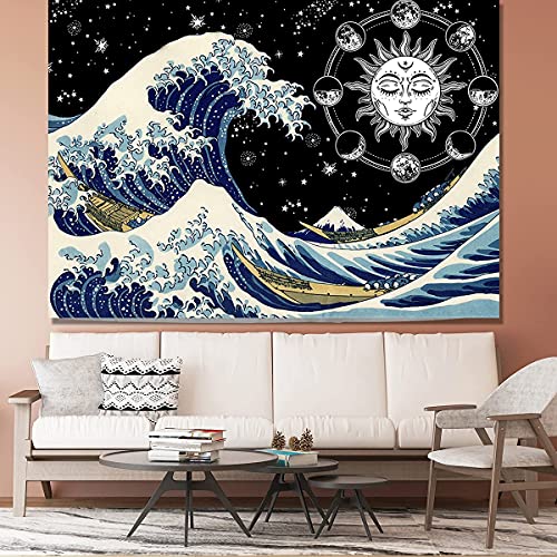 HUAXXIA Wave Tapestry Ocean Tapestry Wave Star Night, 59×79 inch Kanagawa Great Wave Wall Hanging Art Decor for Room, Wonderful Christmas Gift Idea