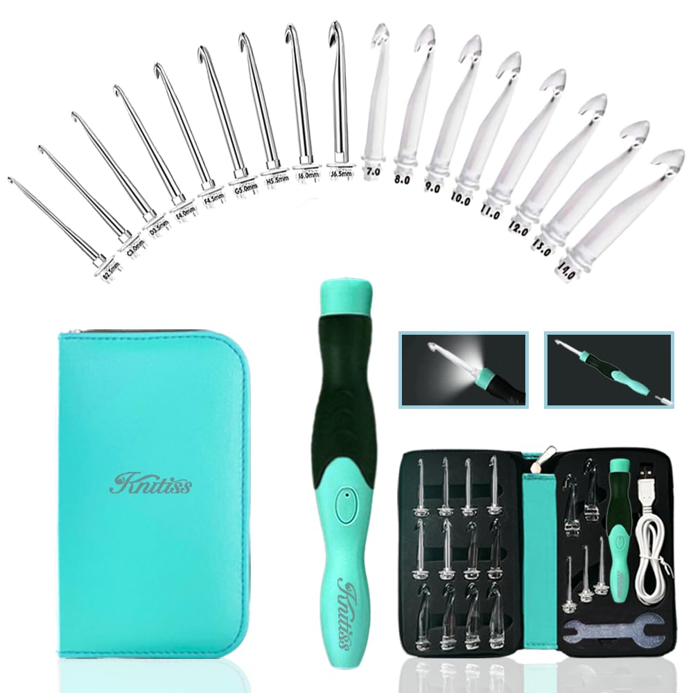 Knitiss 17 Sizes Lighted Crochet Hooks Set 2.5mm~14.0mm, Rechargeable Crochet Hook with Interchangeable Crochet Head