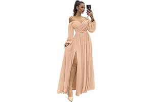 CHICBRIDAL Women's Bridesmaid Dresses with Long Sleeves Spaghetti Strap Split Ruched Wedding Guest Dress with Pockets