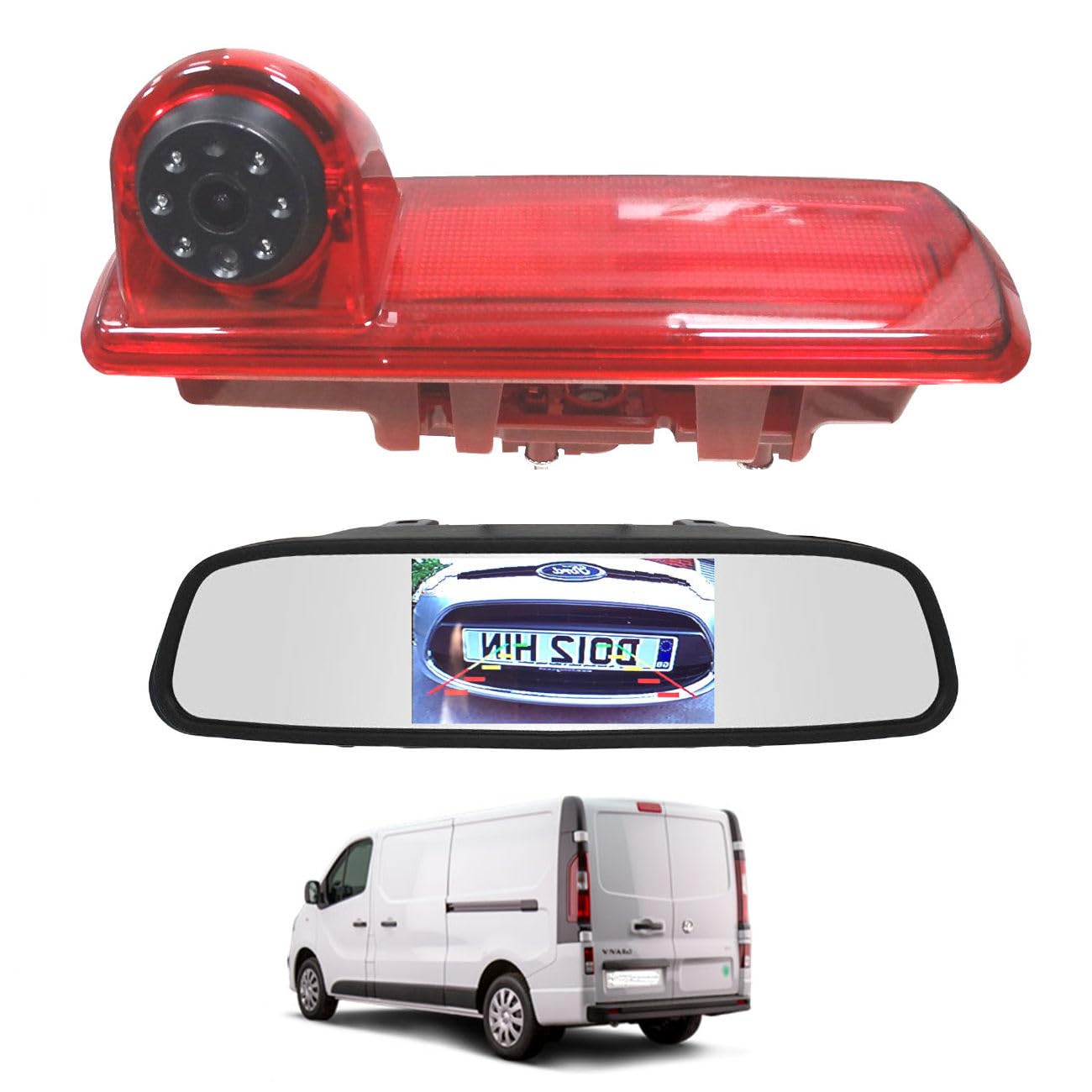 Dolphin Automotive Rear Brake Light Reversing Camera Compatible with Renault Trafic Van 2014 Onwards - With 4.3" Mirror Monitor