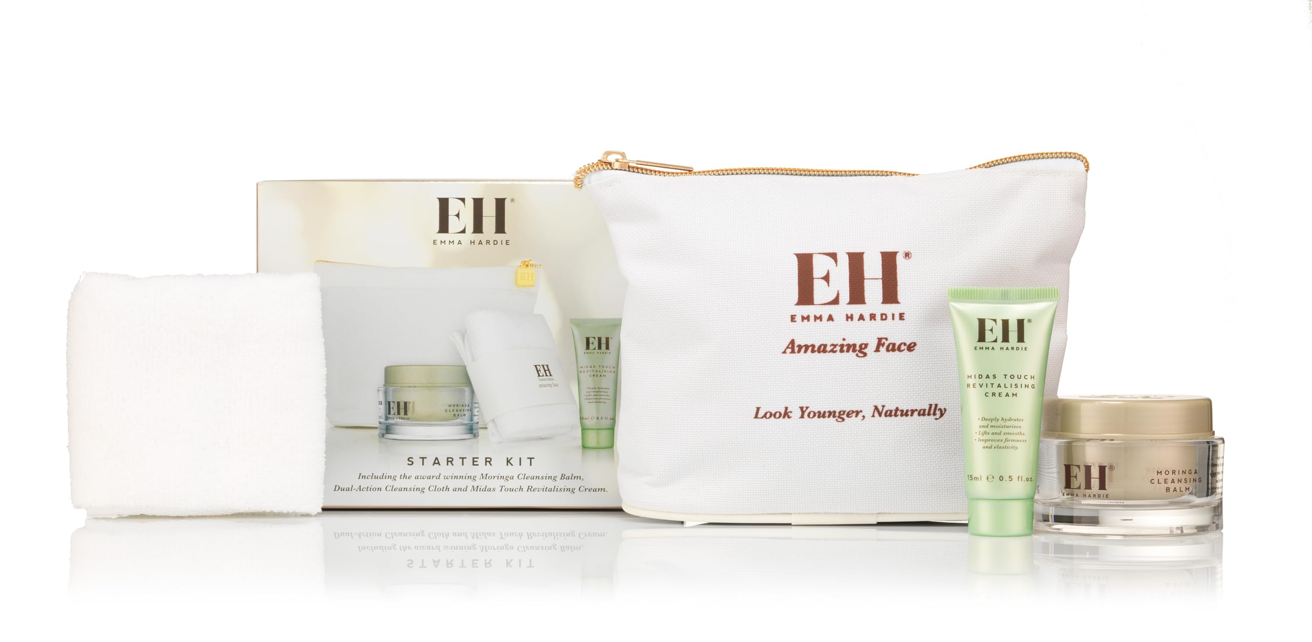 Emma Hardie Starter Kit: Travel Size 50ml Moringa Cleansing Balm, Travel Size 15ml Midas Touch Revitalising Cream & Professional Cleansing Cloth, Packed in a Cosmetic Bag, Natural & Cruelty Free