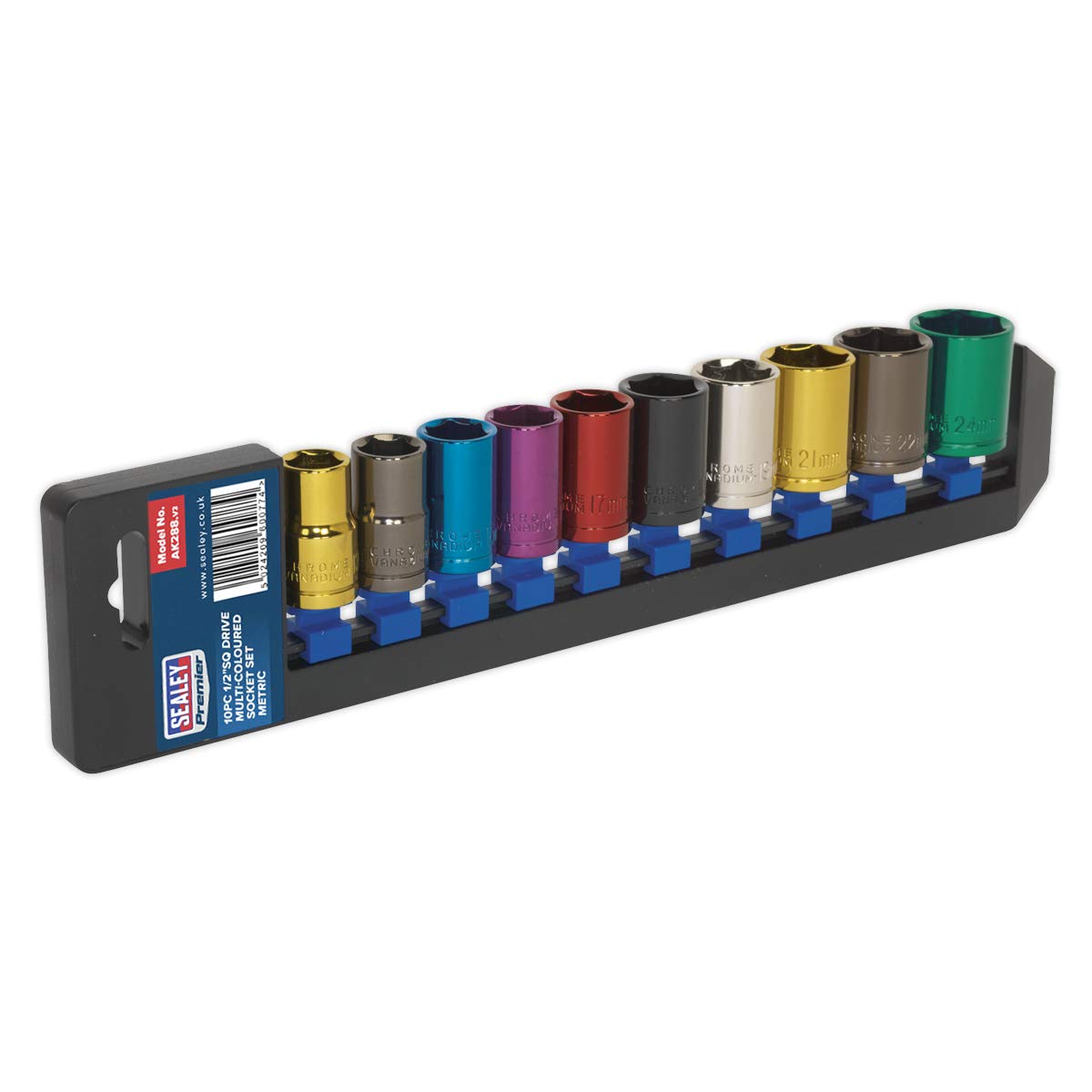 Sealey Ak288 Multi-Coloured Socket Set 10Pc 1/2Sq Drive 6Pt Walldrive Metric