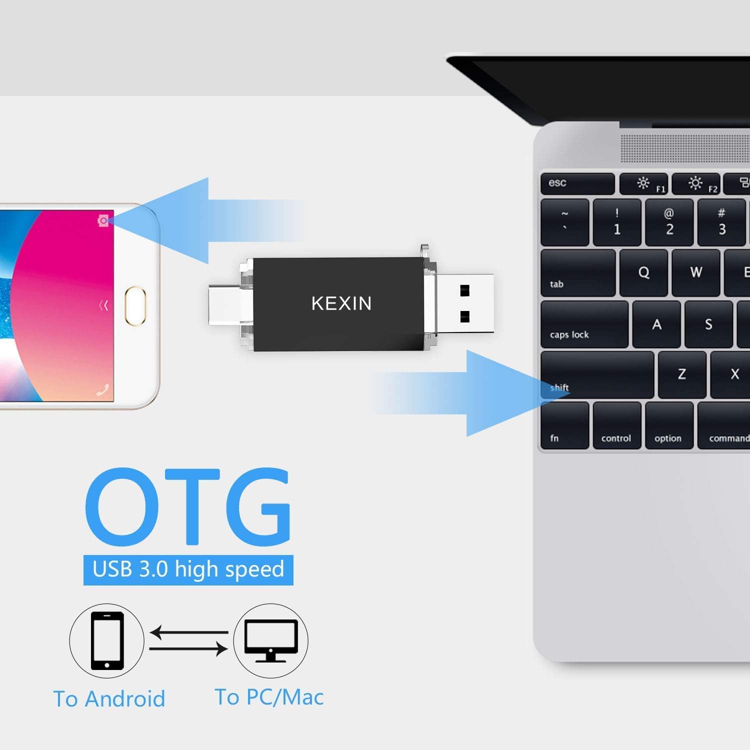 KEXIN USB C Flash Drive 64GB USB 3.0 + USB C Memory Stick Dual USB Stick Thumb Drive with Keyring for Type C Device Samsung S9/ S9 Plus/ S8/ S8 Plus - Image 4