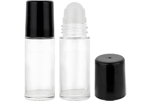 Kryoflare 2Pcs 30ml Glass Roller Bottles, Refillable Essential Oil Containers, Cosmetic Roll On Bottles (Black Lid + Clear Gl