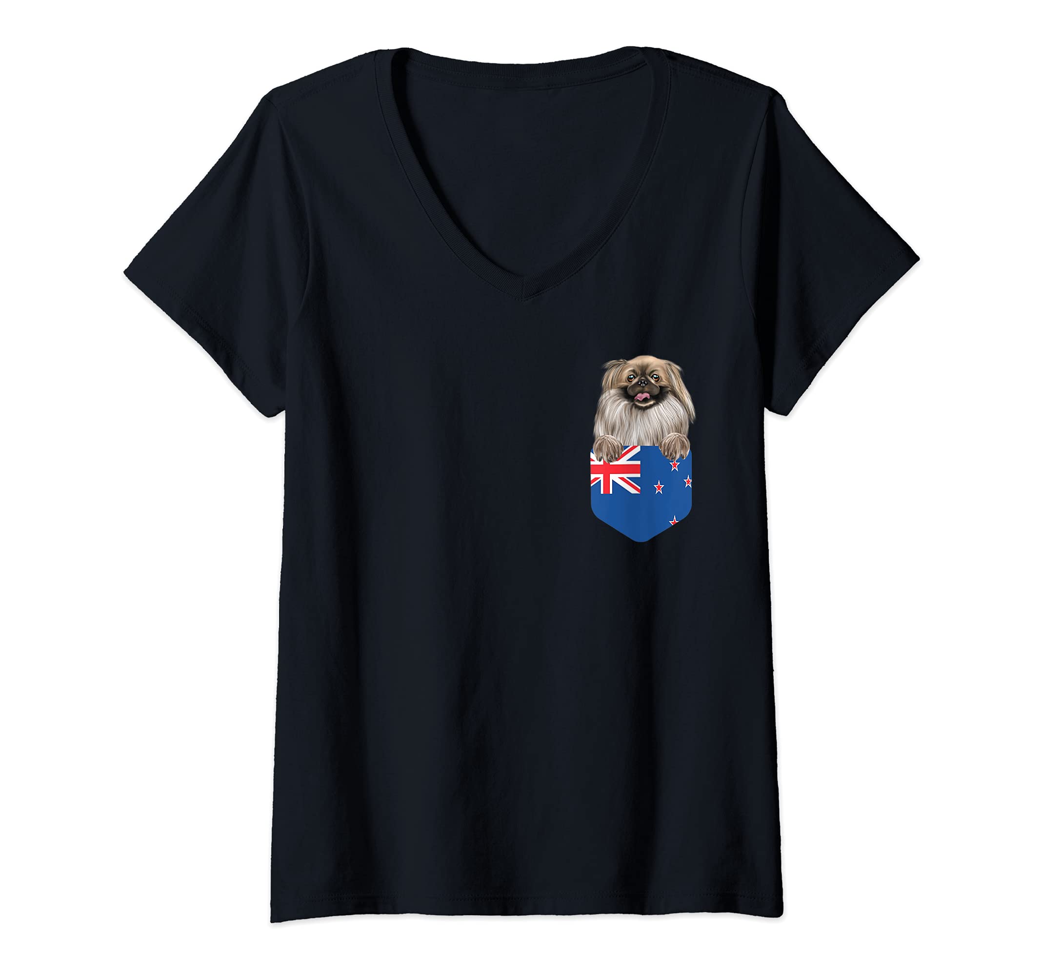 Womens New Zealand Flag Pekingese Dog In Pocket V-Neck T-Shirt