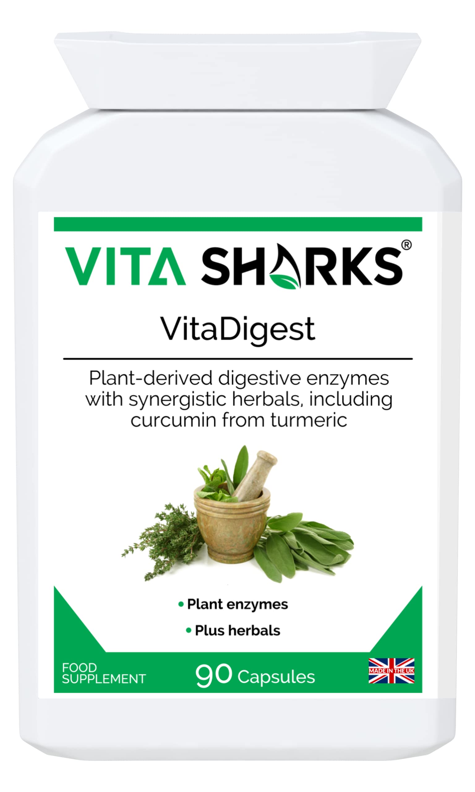 VitaDigest Vegan 90 Capsules: Natural Digestive Support with Enzymes, Curcumin & Turmeric for Gut Health, Immunity & Bloat Relief