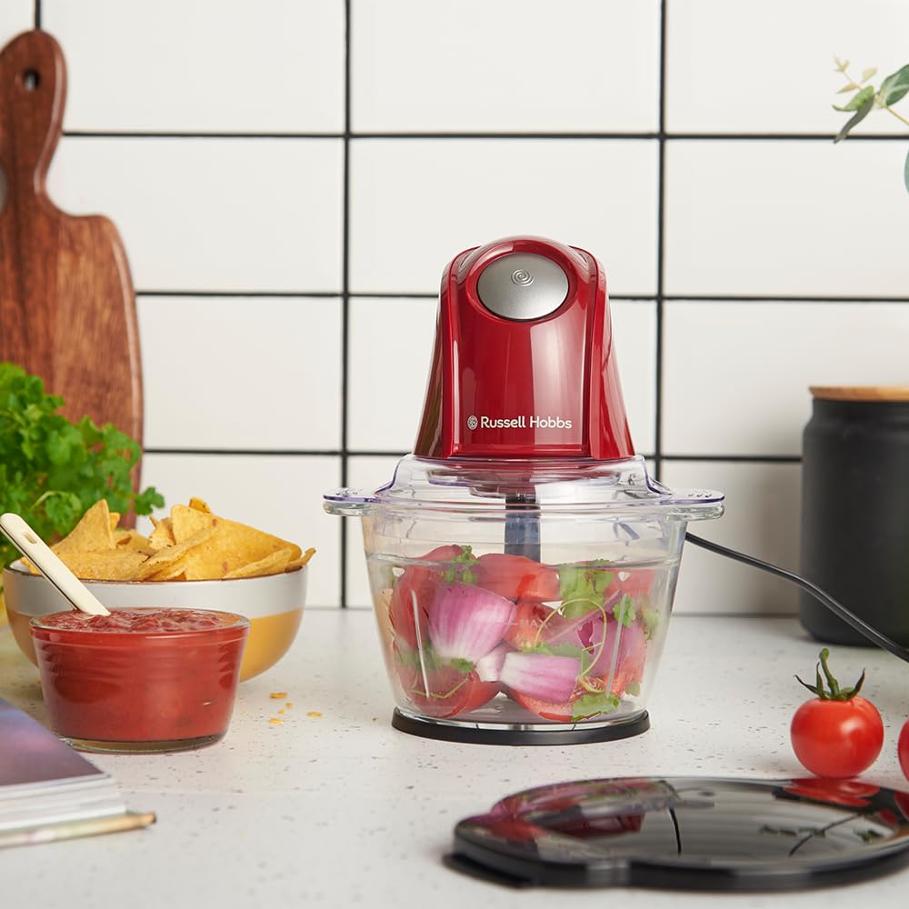 Russell Hobbs Zerkleinerer Elektrisch Mini [Glasbehälter mit Deckel] Desire Red (500ml, 2-flügeliges Edelstahlmesser, Mixer, Multi-& Universalzerkleinerer für Obst, Gemüse & Fleisch, 350W) 27132-56 3