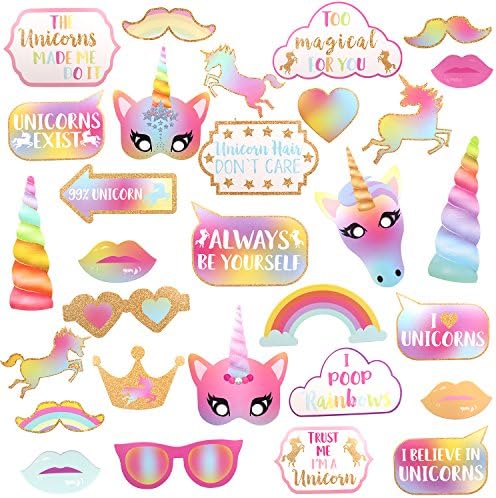 30Pcs Rainbow Unicorn Pegasus Photo Booth Props Kit for Party Favor Wedding Birthday Reunions
