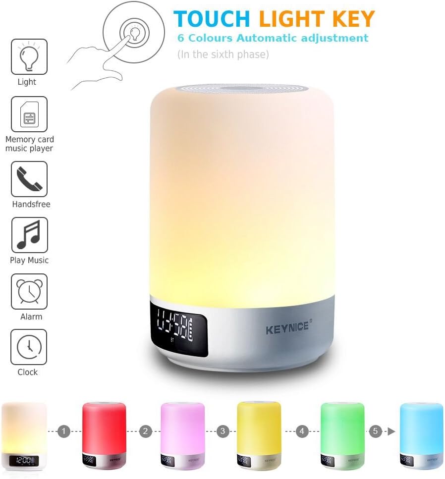 [Upgraded] Keynice All in One Touch Sensor Bedside Table Lamp with Portable Wireless Led Bluetooth Speaker Dimmable color change Light Alarm Clock Hands-free Military Time display - White