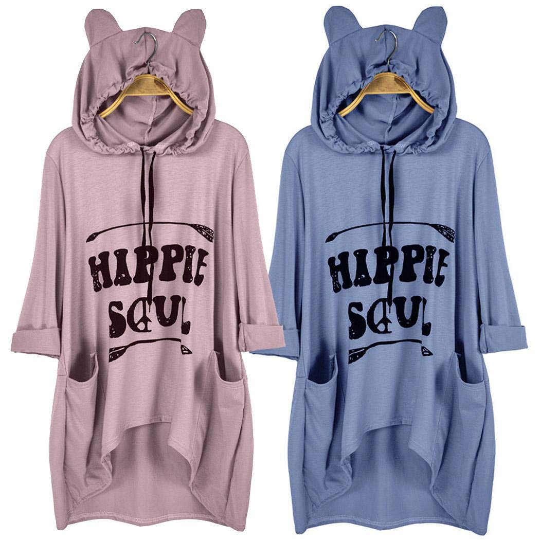 Weardear M-5XL Women Loose Casual Hooded T-Shirt Asymmetrical Design Top Knits & Tees Blue