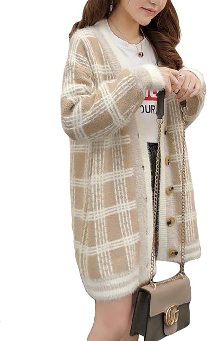 Amazon Qyyニットカーディガン レディース 羽織り チェック柄 ニット ロングカーディガン ゆったり Vネック アウター ファッション ふわふわ ニットセーター オーバーサイズ 防寒 Freesizeイエロー カーディガン ボレロ 通販