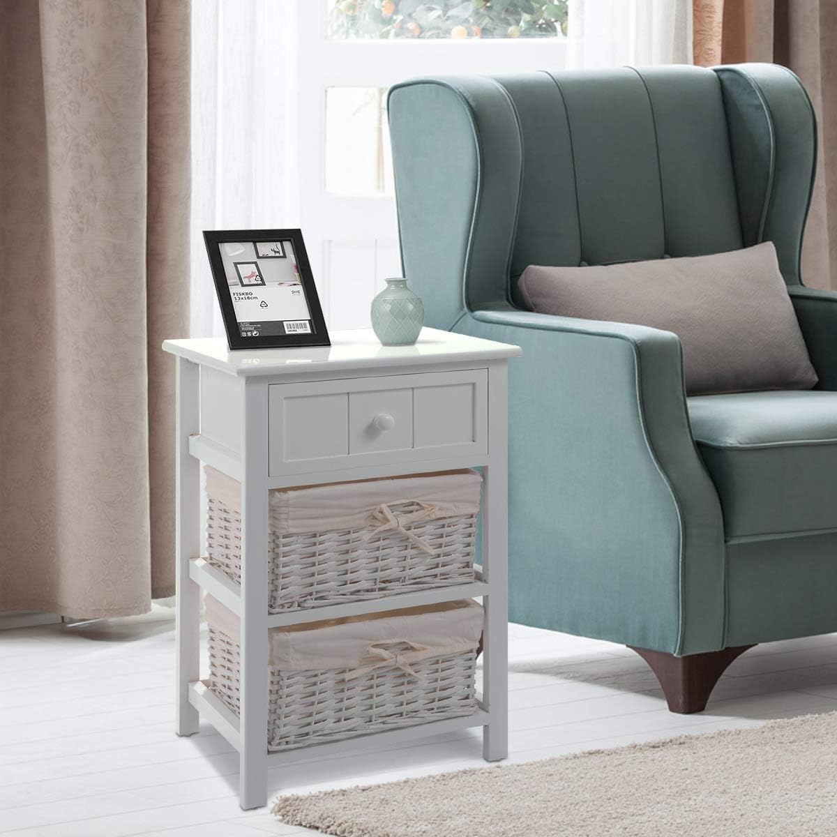 Giantex Nightstand with Drawers Wooden, W/ 2 Storage Baskets and Open Shelf for Bedroom, Bedside Sofa End Table (2, White): Kitchen & Dining