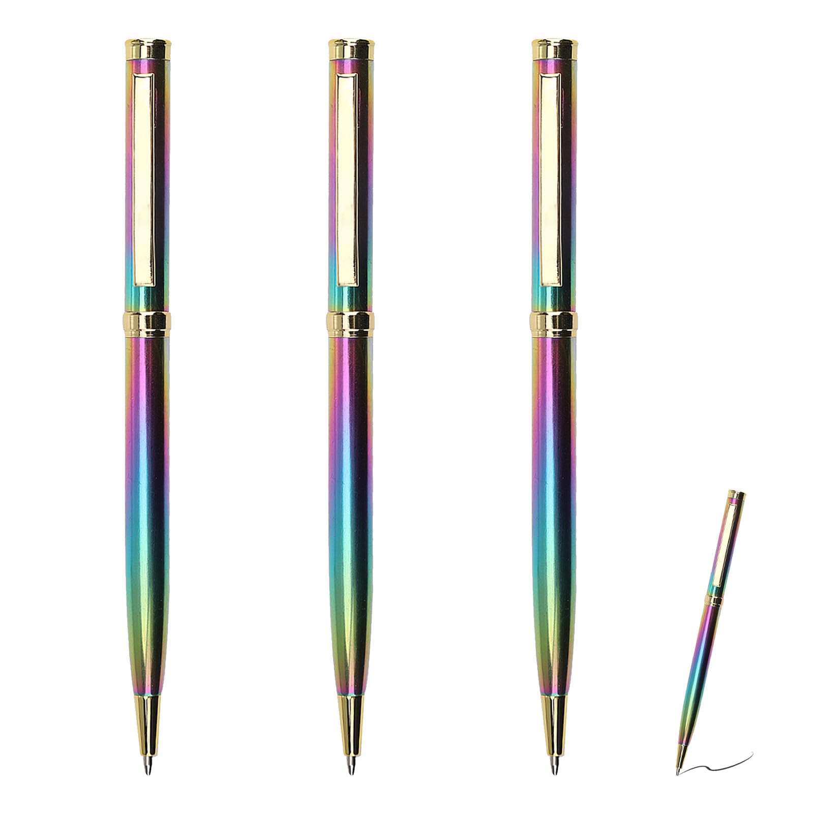 3 Pcs Rainbow Ballpoint Pen, Biro Pens, Gradient Rainbow Metal Retractable with Black Ink, Ideal for Office Home School, Stylish Quick Dry Ink Pens for Smooth Writing, Excellent Gift for Men & Women