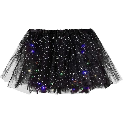 Joyionier Skirts Women Star Sequins Mesh Pleated Tulle Princess Skirt with LED Small Bulb Skirt