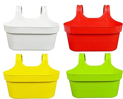 THAKKAR ENTERPRISES Double Hook Flower Pots, Multicolor Garden Planters Railing Pots Virgin Plastic Hanging Planters -(34 cm) (6 Piece)