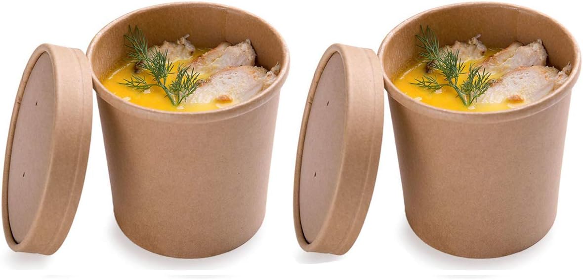 SOHAPY 25-CT 16 oz Frozen Dessert Ice Cream Containers Cups Sets with Lids Disposable Paper Frozen Yogurt Bowls Recyclable Paper Cup Takeout Food Container Heavy Duty Paper Cups (khaki)