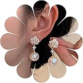 Erimberate Bohemian Camellia Pearl Dangle Earrings White Enamel Rose Flower Earrings Small Crystal Camellia Stud Earrings Round Cz Pearl Drop Earrings Jewelry for Women