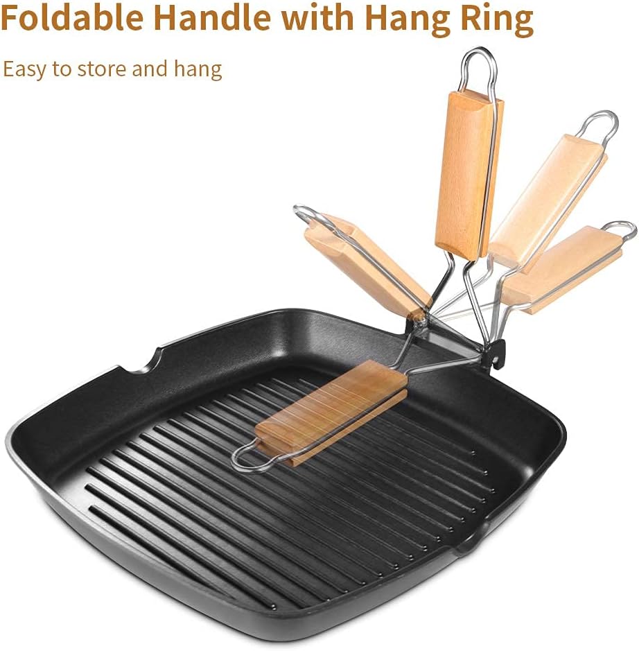 SKY LIGHT Grill Pan, 11 inch Portable Nonstick Frying Pan for Steak, Fish and BBQ, 3.5 mm Forged Deep Square Griddle Pan with Easy Grease Draining, Filter, Folding Handle Induction Skillets: Kitchen & Dining