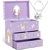 efubaby Musical Jewelry Box for Girls with 3 Drawers, Unicorn Toys for Girls Age 3-8 with Spinning Ballerina & Unicorn Jewelry Set, Girl Music Boxes Birthday Christmas Gift Purple