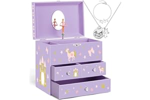 efubaby Musical Jewelry Box for Girls with 3 Drawers, Unicorn Toys for Girls Age 3-8 with Spinning Ballerina & Unicorn Jewelry Set, Girl Music Boxes Birthday Christmas Gift Purple