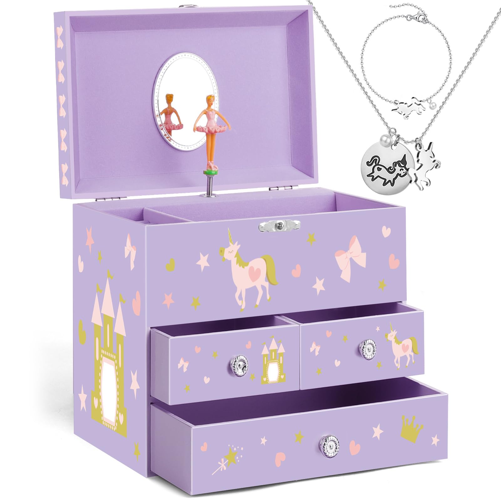 Photo 1 of efubaby Musical Jewelry Box for Girls with 3 Drawers, Unicorn Toys for Girls Age 3-8 with Spinning Ballerina & Unicorn Jewelry Set, Girl Music Boxes Birthday Christmas Gift Purple