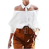 GORGLITTER Women's Off The Shoulder Blouse Collared Ruffle 3/4 Sleeve Button Down Dressy Business Casual Flowy Shirt