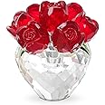 LONGWIN Crystal Rose Flower Figurines Collectible Glass Spring Bouquet with Vase Home Decor Romantic Gifts for Women Red