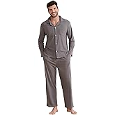 Vulcanodon Mens Button Down Pajama Set, Soft Classic Lapel Sleepwear Flannel Long Sleeve Pajama Set for Men