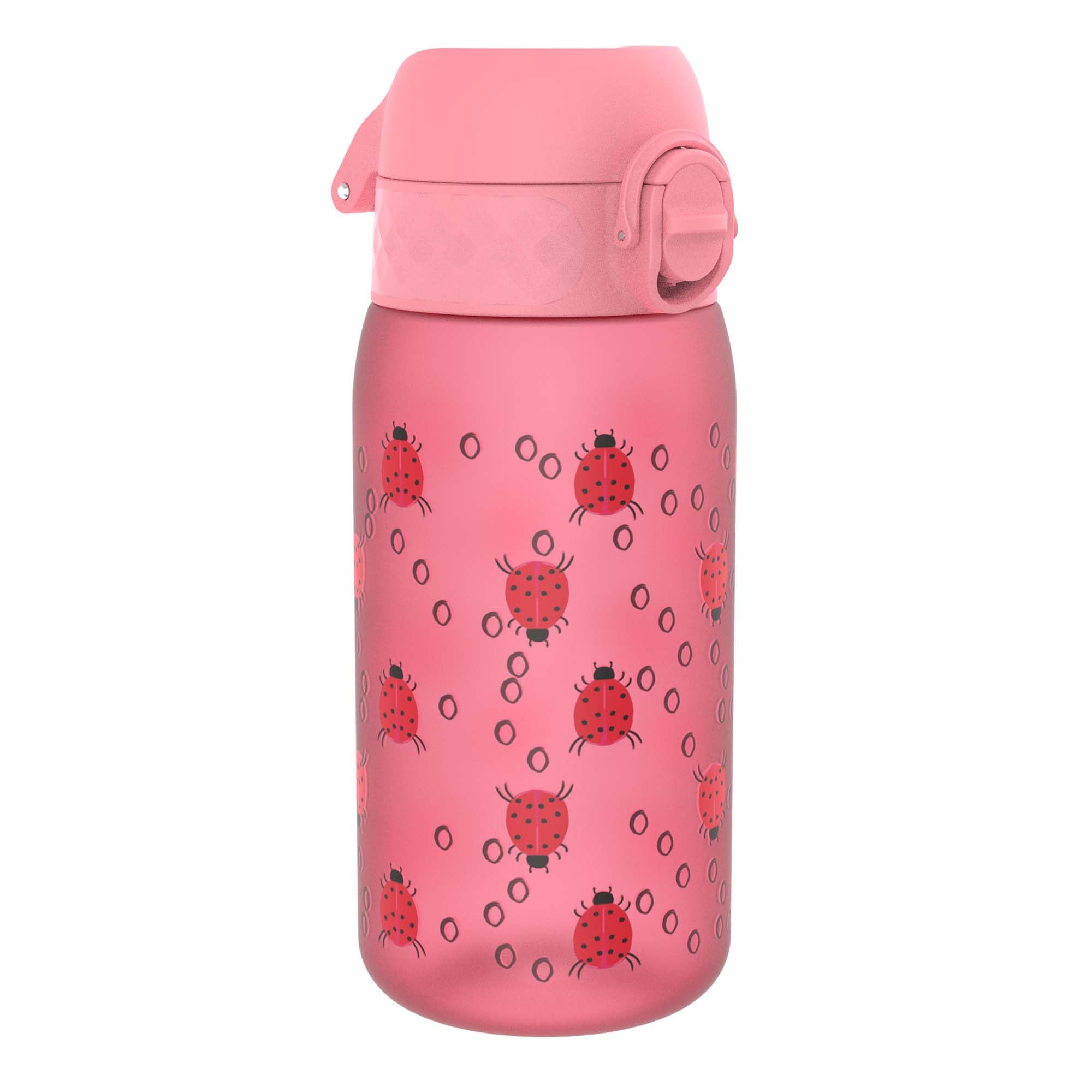 Ion8 Kids Water Bottle, 350 ml/12 oz, Leak Proof, Easy to Open, Secure Lock, Dishwasher Safe, BPA Free, Carry Handle, Hygienic Flip Cover, Easy Clean, Odour Free, Carbon Neutral, Pink, Lady Bugs