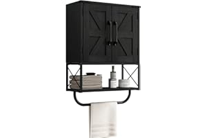 RUSTOWN Farmhouse Rustic Medicine Cabinet with Two Barn Door,Wood Wall Mounted Storage Cabinet with Adjustable Shelf and Towel Bar, 3-Tier Cabinet for Bathroom, Living Room(Black)