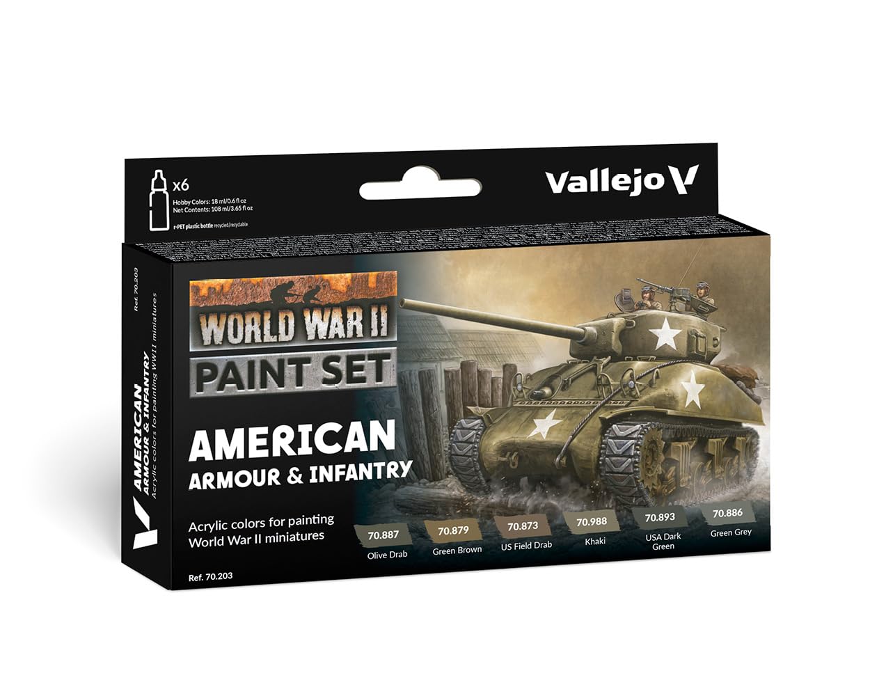 Vallejo Model Color Set, WWII American Armour and Infantry Paint Kit, 6 Matte Finish Acrylic Colors, 18 ml Bottles for Painting US Army Models