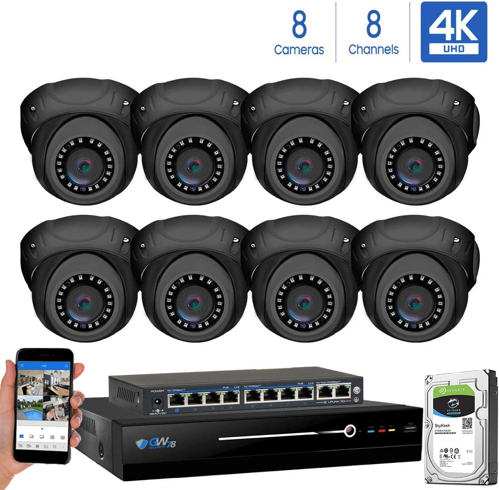 GW Security 8 Channel 4K NVR 8MP IP Camera Network PoE H.265 Surveillance System with 8-Piece Ultra HD 4K 2160P Weatherproof Outdoor/Indoor Dome Security Cameras - Grey