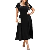 RWJ Plus Size Dresses for Women Formal Cocktail Elegant V Neck Short Sleeve Summer Wedding Guest Maxi Dress with Pocket