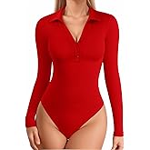 MANGOPOP Henley Bodysuit for Women Button Down Long Sleeve Tops Body Suits Dressy Blouse Casual