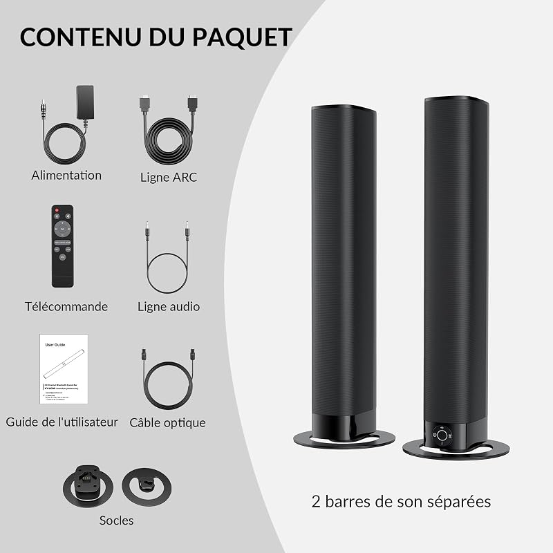 Barre de Son pour téléviseurs, Barre de Son 2 en 1 Divisible avec réglage Automatique du Volume, Haut-parleurs stéréo pour téléviseur avec 3 Modes d'égalisation, Arc/Opt/AUX, 1pcs — photo 8 sur 8