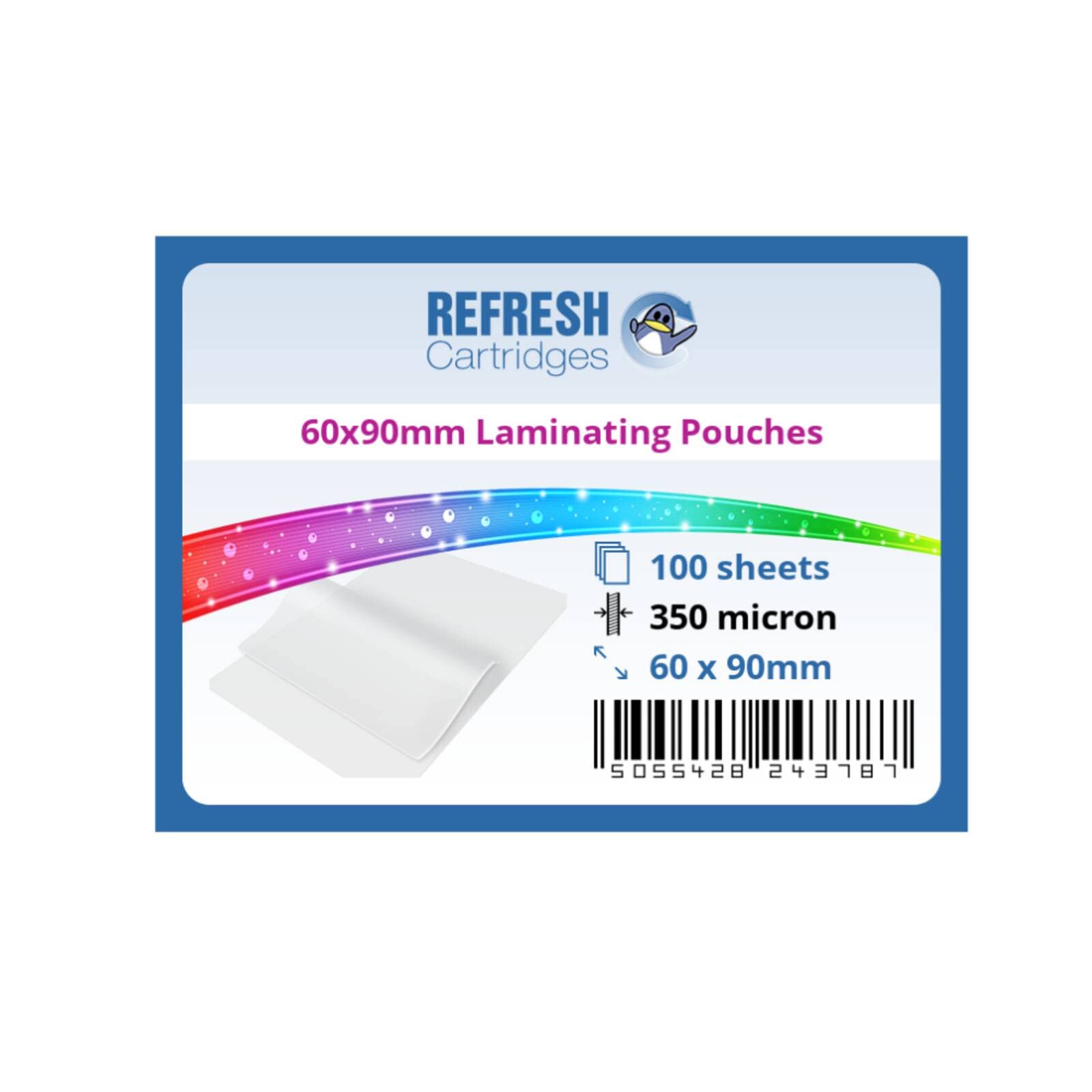 Refresh Cartridges - Laminating Pouches 60x90mm 350 Micron Pack of 100 Sheets