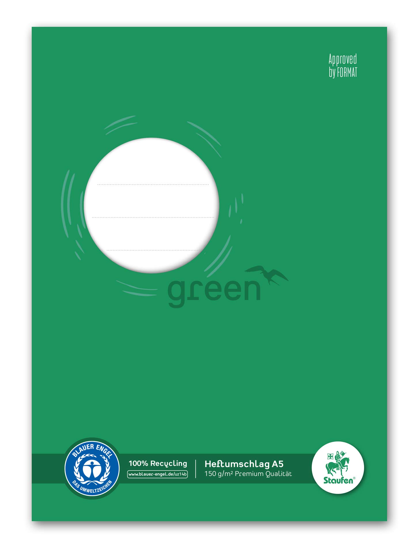 Staufen Ursus Notebook Cover with Labelling Field, DIN A5, 150 g/m² Recycled Paper, Protection for School Notebooks, Pack of 10, Green