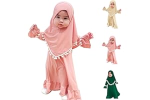 Newborn Girls Prayer Dress Cute Muslim Clothes for Toddler Baby Kids Long Sleeve Abaya with Hijab Two Piece Set