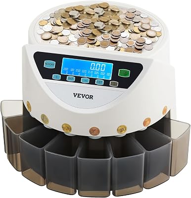 Clasificadora de Monedas EURO, Contadora de Monedas para 8 Tipos de Monedas de Euro con Pantalla LCD, Almacenamiento de Monedas, 5 Tubos y Cajas para Monedas Admite hasta 850 Monedas