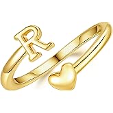 M MOOHAM Gold Rings for Women Girls - 14K Gold Plate Initial Rings for Women Non Tarnish Letter A- Z Dainty Heart Ring Adjustable Pinky Ring Personalized Jewelry Gifts