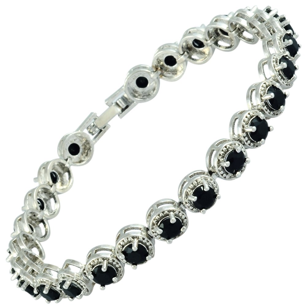 RIZILIA Tennis Bracelet [18cm/7inch] with Round Cut Gemstones CZ [Black Onyx] in 18K White Gold Plated, Simple Modern Elegance