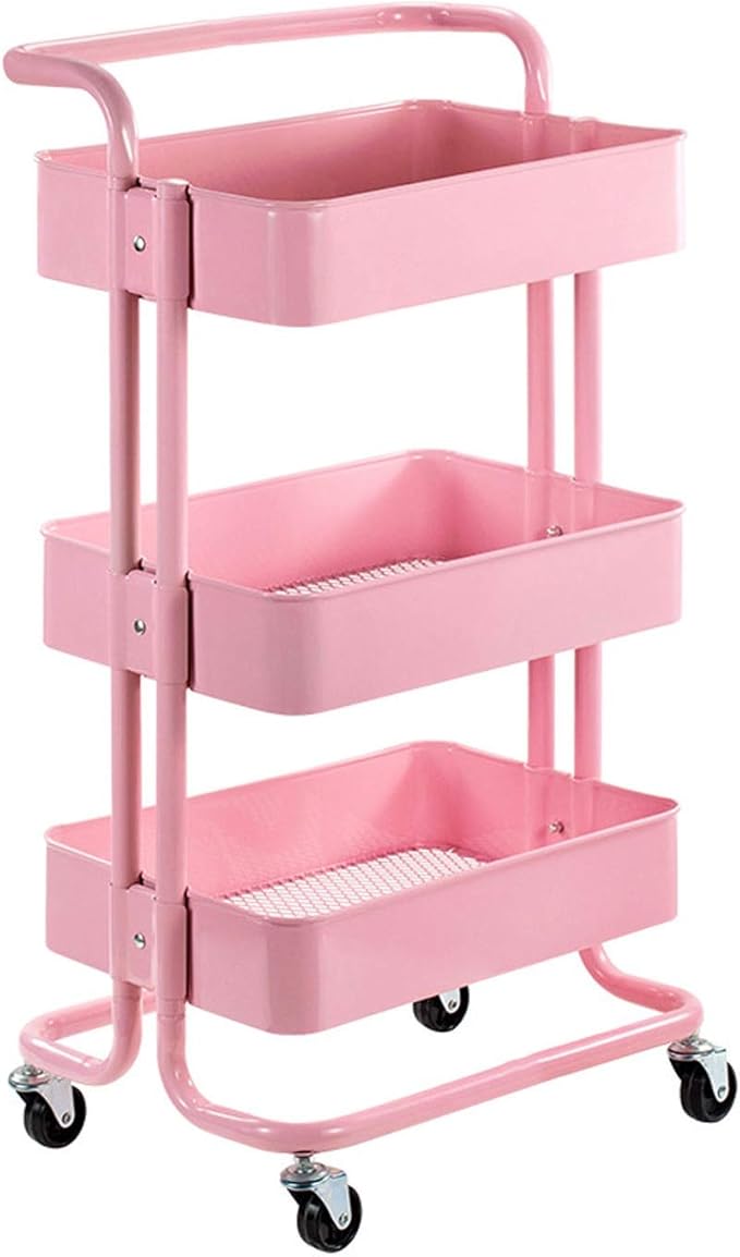 Carro de Almacenamiento móvil de 3 Capas, Estante de Metal Rosa, con
