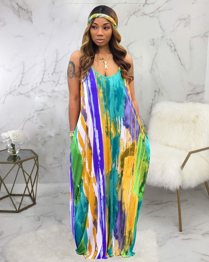 Floral Printed Lanie Multi Wave Maxi Dresses Adjustable Spaghetti Strap Loose Straight Mopping Dress with Pockets Blue